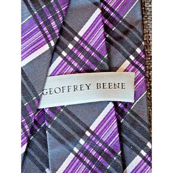 Tie 70s 80s 90s Y2K Mens Geoffrey Beane Silk Gray Purple Plaid 3.5 Wide 58 Long - Picture 6 of 6